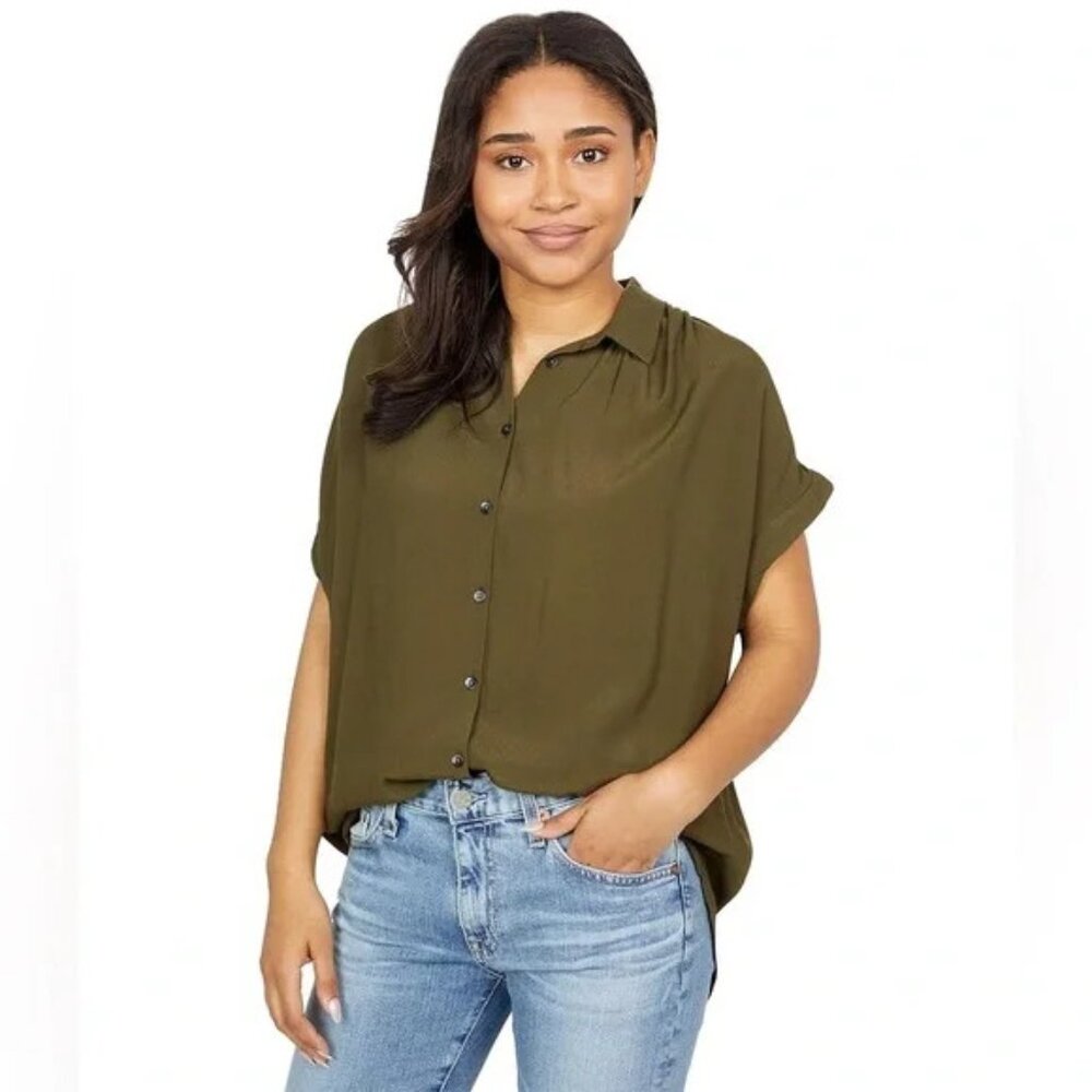 Madewell Green Crepe Daily Drapey Button‎ Up Top